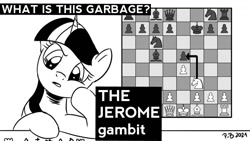 Size: 1200x675 | Tagged: safe, artist:pony-berserker, imported from derpibooru, jerome, twilight sparkle, pony, chess, chessboard, monochrome, pawn, pony-berserker's twitter sketches