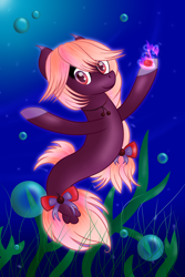 Size: 2000x3000 | Tagged: safe, artist:angelina-pax, imported from derpibooru, oc, oc only, earth pony, pony, seapony (g4), bubble, cherry, crepuscular rays, deviantart watermark, dorsal fin, eyelashes, fish tail, flowing tail, food, high res, looking at you, obtrusive watermark, ocean, red mane, ribbon, seaponified, seaweed, smiling, solo, species swap, speedpaint, sunlight, tail, underwater, water, watermark