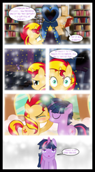 Size: 1280x2300 | Tagged: safe, artist:bigsnusnu, imported from derpibooru, chancellor neighsay, sunset shimmer, twilight sparkle, unicorn, comic:dusk shine in pursuit of happiness, book, bookshelf, clapping, colt, crying, dusk shine, duskshimmer, female, filly, filly sunset shimmer, half r63 shipping, kissing, lesbian, male, medallion, regret, ripping, rule 63, shipping, simple background, straight, sunsetsparkle, teary eyes, train station, transparent background, trash, younger