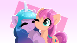 Size: 6250x3508 | Tagged: safe, artist:enviaart, artist:envygirl95, imported from derpibooru, izzy moonbow, sunny starscout, earth pony, pony, unicorn, abstract background, absurd resolution, braid, cheek to cheek, cute, daaaaaaaaaaaw, eye clipping through hair, eyes closed, female, g5, izzybetes, izzyscout, lesbian, mare, one eye closed, shipping, smiling, sunnybetes