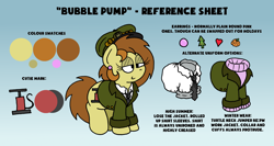 Size: 3508x1863 | Tagged: safe, artist:bobthedalek, imported from derpibooru, oc, oc only, oc:bubble pump, earth pony, pony, clothes, cutie mark, ear piercing, earring, hat, jacket, jewelry, necktie, piercing, reference sheet, sweater