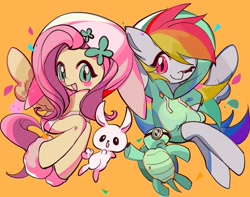 Size: 2029x1600 | Tagged: safe, artist:dengdengbobo, imported from derpibooru, angel bunny, fluttershy, rainbow dash, tank, clothes, hoodie