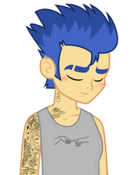 Size: 1435x1793 | Tagged: safe, imported from derpibooru, flash sentry, human, equestria girls, badass, blushing, ear piercing, earring, jewelry, piercing, smiling, tattoo