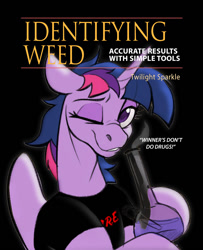 Size: 752x928 | Tagged: safe, artist:acesential, edit, editor:unofficial edits thread, imported from twibooru, twilight sparkle, alicorn, semi-anthro, black background, d.a.r.e., eyeshadow, female, floppy ears, identifying wood, image, looking at you, makeup, needs more jpeg, one eye closed, simple background, solo, twilight sparkle (alicorn)