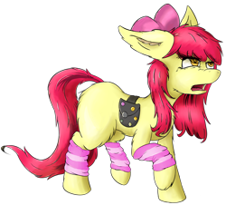 Size: 1280x1157 | Tagged: artist needed, safe, edit, editor:unofficial edits thread, imported from twibooru, apple bloom, pony, bag, female, floppy ears, fluffy, grumpy, image, leg warmers, mare, missing cutie mark, older, png, raised leg, saddle bag, simple background, solo, transparent background