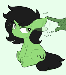 Size: 1246x1418 | Tagged: safe, alternate version, artist:shinodage, oc, oc only, oc:filly anon, earth pony, human, pony, angry, annoyed, cross-popping veins, cute, ear play, ears, female, filly, floppy ears, green background, hand, looking at something, looking back, madorable, offscreen character, offscreen human, onomatopoeia, pouting, simple background, sitting, underhoof