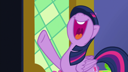 Size: 1280x720 | Tagged: safe, imported from derpibooru, screencap, twilight sparkle, alicorn, pony, a flurry of emotions, season 7, cute, female, mare, mawshot, nose in the air, open mouth, open smile, raised hoof, smiling, solo, twiabetes, twilight sparkle (alicorn), twilight's castle, uvula, volumetric mouth