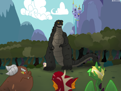 Size: 4032x3024 | Tagged: safe, artist:lordshrekzilla20, imported from derpibooru, fluttershy, dragon, kaiju, pegasus, fanfic:godzilla, canterlot castle, everfree forest, fanfic art, forest, godzilla, godzilla (series), protecting