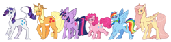 Size: 2968x734 | Tagged: safe, artist:biskyfresh, artist:glubbs, imported from derpibooru, applejack, fluttershy, pinkie pie, rainbow dash, rarity, twilight sparkle, alicorn, earth pony, pegasus, pony, unicorn, blushing, chest fluff, coat markings, colored pupils, cute, cutie mark, ear fluff, female, flower, flower in hair, flower in tail, height difference, leg fluff, leonine tail, line-up, looking at you, mane six, mare, raised hoof, simple background, smiling, twilight sparkle (alicorn), unshorn fetlocks, white background