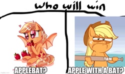 Size: 843x500 | Tagged: safe, artist:daniel-sg, artist:hotdiggedydemon, edit, imported from derpibooru, applejack, bat pony, earth pony, pony, .mov, apple, applebat, baseball bat, bat ponified, eating, fangs, food, heart, herbivore, imgflip, jappleack, looking at you, meme, pun, race swap, who would win