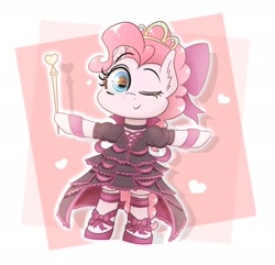 Size: 1920x1853 | Tagged: safe, artist:phoenixrk49, imported from derpibooru, pinkie pie, pony, bipedal, clothes, dress, ear fluff, heart, jewelry, one eye closed, scepter, solo, standing on two hooves, tiara, wink
