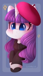 Size: 714x1258 | Tagged: safe, artist:sakukitty, imported from derpibooru, rarity, pony, unicorn, alternate hairstyle, beatnik rarity, beret, blushing, bust, clothes, colored pupils, cute, female, hat, mare, raribetes, solo, sweater