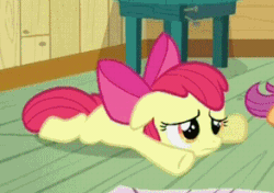Size: 293x206 | Tagged: safe, imported from derpibooru, screencap, apple bloom, scootaloo, earth pony, pegasus, pony, ponyville confidential, season 2, adorabloom, animated, blinking, cropped, cute, duo, duo female, female, filly, frown, loop, lying down, offscreen character, offscreen female, prone, sad, solo focus, sploot