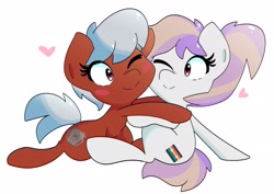 Size: 2556x1807 | Tagged: safe, artist:kindakismet, imported from derpibooru, oc, oc only, earth pony, pony, duo, eye clipping through hair, heart, hug, looking at each other, looking at someone, one eye closed, simple background, smiling, white background