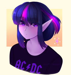 Size: 1280x1351 | Tagged: safe, artist:syrupyyy, imported from derpibooru, twilight sparkle, human, abstract background, ac/dc, alternate hairstyle, anime, bangs, blushing, clothes, cute, elf ears, eye clipping through hair, eyebrows, eyebrows visible through hair, female, humanized, looking at you, pony coloring, rocker, shirt, solo, twiabetes, unicorns as elves