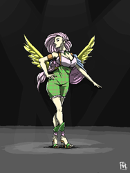 Size: 480x640 | Tagged: safe, artist:voyager, imported from derpibooru, fluttershy, human, clothes, female, high heels, humanized, shoes, signature, solo, winged humanization, wings