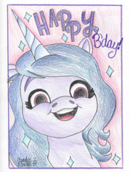Size: 1024x1352 | Tagged: safe, artist:candyrandy7d, imported from derpibooru, izzy moonbow, pony, unicorn, g5, happy birthday, looking at you, solo