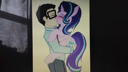 Size: 686x386 | Tagged: artist needed, safe, imported from derpibooru, starlight glimmer, oc, human, pony, unicorn, blushing, butt grab, butt touch, canon x oc, eyes closed, female, grabbing the butt, grope, human on pony action, interspecies, male, mare, photo, picture of a screen