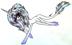 Size: 2394x1484 | Tagged: safe, artist:beamybutt, imported from derpibooru, oc, oc only, pony, unicorn, eyelashes, female, horn, leonine tail, mare, signature, solo, traditional art, unicorn oc