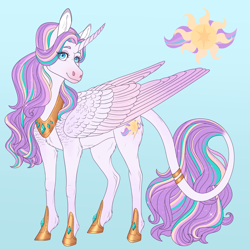 Size: 2640x2640 | Tagged: safe, artist:bluet0ast, imported from derpibooru, oc, oc only, alicorn, pony, alicorn oc, blue background, female, high res, hoof shoes, horn, leonine tail, magical lesbian spawn, mare, offspring, parent:princess celestia, parent:twilight sparkle, parents:twilestia, peytral, simple background, wings