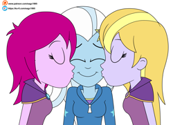 Size: 2527x1825 | Tagged: safe, artist:eagc7, imported from derpibooru, fuchsia blush, lavender lace, trixie, human, equestria girls, cheek kiss, clothes, commission, eyes closed, female, kiss sandwich, kissing, ko-fi, lesbian, ot3, polyamory, shipping, simple background, trio, trixie and the illusions, trixie gets all the mares, trixielaceblush