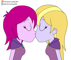 Size: 2148x1825 | Tagged: safe, alternate version, artist:eagc7, imported from derpibooru, fuchsia blush, lavender lace, human, equestria girls, clothes, commission, duo, eyes closed, female, kiss on the lips, kissing, ko-fi, lesbian, shipping, simple background, white background