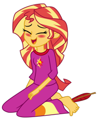 Size: 4944x6096 | Tagged: safe, artist:emeraldblast63, imported from derpibooru, sunset shimmer, equestria girls, barefoot, blushing, clothes, cute, feather, feet, female, fetish, pajamas, shimmerbetes, show accurate, simple background, solo, tickle fetish, tickling, transparent background