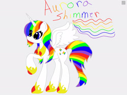 Size: 2048x1536 | Tagged: safe, artist:glassycolors, imported from derpibooru, oc, oc only, oc:aurora shimmer, alicorn, pony, alicorn oc, female, gray background, horn, looking up, mare, multicolored hair, simple background, solo, wings