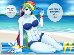 Size: 4000x3000 | Tagged: safe, artist:chuyryu, imported from derpibooru, rainbow dash, equestria girls, abs, beach, belly button, bikini, breasts, busty rainbow dash, cleavage, clothes, dialogue, female, looking at you, muscles, muscular female, rainbuff dash, solo, sunglasses, swimsuit, talking to viewer