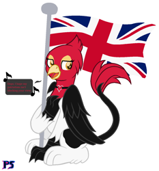 Size: 1184x1268 | Tagged: safe, artist:phoenixperegrine, imported from derpibooru, oc, oc only, oc:genette, griffon, british flag, female, flag, simple background, solo, union jack, white background