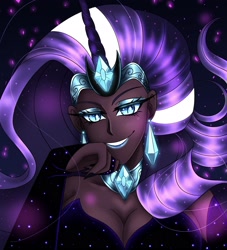 Size: 1976x2176 | Tagged: safe, artist:mscreepyplaguedoctor, idw, imported from derpibooru, nightmare rarity, human, breasts, busty nightmare rarity, cleavage, dark skin, female, grin, hand on cheek, high res, horn, horned humanization, humanized, lidded eyes, smiling, solo