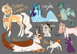 Size: 3310x2335 | Tagged: safe, artist:felinenostalgic, imported from derpibooru, oc, oc:amana, oc:citrus honeysuckle marmalade, oc:dark omen, oc:livewire, oc:majesty, oc:morganite pie, oc:orchard sunlight, oc:pigeon, earth pony, hippogriff, hybrid, pegasus, pony, unicorn, zony, crack ship offspring, ear piercing, earring, female, filly, glasses, gray background, high res, interspecies offspring, jewelry, magical threesome spawn, male, mare, multiple parents, offspring, parent:applejack, parent:capper dapperpaws, parent:cheese sandwich, parent:gabby, parent:gilda, parent:king sombra, parent:marble pie, parent:prince blueblood, parent:sandbar, parent:sassy saddles, parent:sky stinger, parent:svengallop, parent:tempest shadow, parent:trixie, parent:zecora, parents:bluejack, piercing, simple background, stallion, tongue out, tongue piercing