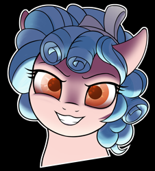 Size: 2330x2582 | Tagged: safe, artist:thehuskylord, imported from derpibooru, cozy glow, pegasus, pony, bow, bust, curly hair, evil grin, grin, high res, looking at you, simple background, smiling, smiling at you, solo, transparent background