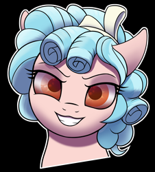Size: 2330x2582 | Tagged: safe, artist:thehuskylord, imported from derpibooru, cozy glow, pegasus, pony, bow, bust, curly hair, evil grin, grin, high res, looking at you, simple background, smiling, smiling at you, solo, transparent background