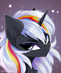 Size: 4000x4802 | Tagged: safe, artist:xsatanielx, imported from derpibooru, oc, oc only, oc:velvet remedy, pony, unicorn, fallout equestria, absurd resolution, bust, chest fluff, ear fluff, female, gradient background, horn, looking at you, mare, portrait, signature, smiling, smiling at you, solo