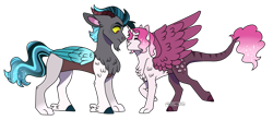 Size: 2732x1197 | Tagged: safe, artist:artistcoolpony, artist:moccabliss, imported from derpibooru, oc, oc only, oc:cinder, oc:mystery, draconequus, hybrid, brother and sister, female, interdimensional siblings, interspecies offspring, leonine tail, male, offspring, parent:discord, parent:princess celestia, parents:dislestia, siblings, simple background, transparent background