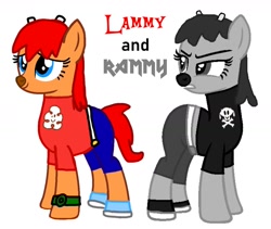 Size: 1740x1472 | Tagged: safe, artist:pagiepoppie12345, imported from derpibooru, earth pony, pony, angry, clothes, duo, duo female, female, flower, generation b, lammy, lammy lamb, mare, monochrome, pants, ponified, rammy, shirt, shoes, simple background, smiling, um jammer lammy, watch, white background, wristwatch