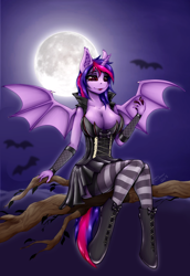 Size: 1080x1570 | Tagged: safe, artist:shamziwhite, imported from derpibooru, oc, oc:violet rose ze vampony, alicorn, anthro, bat pony, bat pony alicorn, pony, apple, bat pony oc, bat wings, big breasts, breasts, cleavage, clothes, evening gloves, fangs, female, food, gloves, goth, horn, latex, long gloves, looking at you, night, not twilight sparkle, sitting, smiling, socks, solo, stockings, striped socks, thigh highs, wings