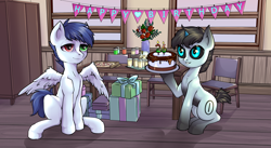 Size: 3508x1928 | Tagged: safe, artist:leastways, imported from derpibooru, oc, oc:iso, oc:slipstream, pegasus, pony, unicorn, birthday, birthday cake, birthday gift, black sclera, cake, candle, chair, flower, food, gift box, horn, pizza, plate, plates, present, rose