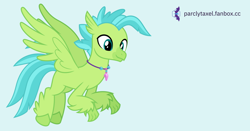 Size: 1200x630 | Tagged: safe, artist:parclytaxel, imported from derpibooru, oc, oc only, oc:bottlegriff, classical hippogriff, hippogriff, blue background, flying, looking down, male, raised claw, simple background, smiling, solo, vector, wip