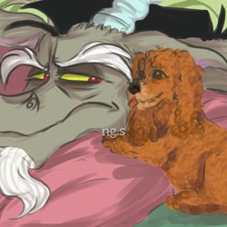 Size: 1080x1080 | Tagged: safe, artist:noodlegoatsimp, imported from derpibooru, discord, dog, draconequus, poodle, drawing, looking at each other, male, pillow, signature, tongue out