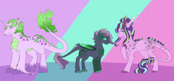 Size: 1306x612 | Tagged: safe, artist:yuyusunshine, imported from derpibooru, oc, oc only, dracony, dragon, hybrid, pony, interspecies offspring, magical gay spawn, offspring, parent:rarity, parent:spike, parent:starlight glimmer, parent:thorax, parents:sparity, parents:sparlight, parents:thoraxspike