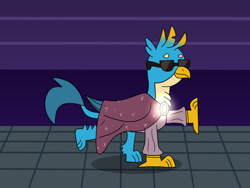 Size: 1280x960 | Tagged: safe, artist:platinumdrop, imported from derpibooru, gallus, griffon, brooch, cape, clothes, dancing, glow, glowing, jewelry, light up, male, request, solo, sparkles, sunglasses