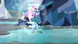 Size: 1920x1080 | Tagged: safe, imported from derpibooru, screencap, silverstream, seapony (g4), what lies beneath, female, frown, midair, nightmare cave, silverstream is not amused, solo, transformation, unamused, water