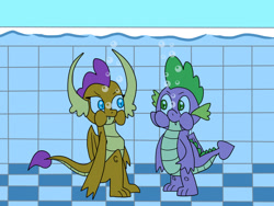 Size: 1280x960 | Tagged: safe, artist:platinumdrop, imported from derpibooru, smolder, spike, dragon, bubble, duo, female, male, puffy cheeks, request, swimming pool, underwater, water, winged spike, wings