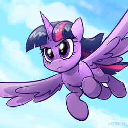 Size: 2048x2048 | Tagged: safe, artist:pfeffaroo, imported from derpibooru, twilight sparkle, alicorn, pony, cloud, female, flying, frown, glare, high res, mare, serious, serious face, sky, solo, spread wings, twilight sparkle (alicorn), wings