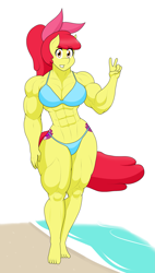 Size: 1529x2693 | Tagged: safe, artist:matchstickman, imported from derpibooru, apple bloom, anthro, earth pony, plantigrade anthro, tumblr:where the apple blossoms, abs, apple bloom's bow, apple brawn, beach, biceps, bikini, bodybuilder, both cutie marks, bow, breasts, busty apple bloom, clothes, cutie mark, deltoids, female, hair bow, looking at you, mare, matchstickman's apple brawn series, muscles, no dialogue, older, older apple bloom, peace sign, pecs, simple background, solo, swimsuit, the cmc's cutie marks, thighs, thunder thighs, tumblr comic, white background