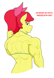 Size: 1517x2187 | Tagged: safe, artist:matchstickman, imported from derpibooru, apple bloom, anthro, earth pony, tumblr:where the apple blossoms, apple bloom's bow, apple brawn, back muscles, bikini, bodybuilder, bow, clothes, deltoids, dialogue, female, hair bow, mare, matchstickman's apple brawn series, muscles, muscular female, older, older apple bloom, simple background, solo, swimsuit, triceps, tumblr comic, white background