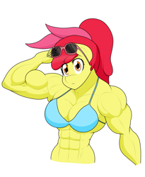 Size: 1703x2077 | Tagged: safe, artist:matchstickman, imported from derpibooru, apple bloom, anthro, earth pony, tumblr:where the apple blossoms, abs, apple bloom's bow, apple brawn, armpits, biceps, bikini, bodybuilder, bow, breasts, busty apple bloom, clothes, deltoids, female, hair bow, looking at you, mare, matchstickman's apple brawn series, muscles, muscular female, no dialogue, older, older apple bloom, pecs, simple background, solo, sunglasses, sunglasses on head, swimsuit, tumblr comic, white background
