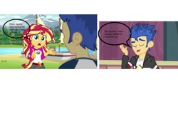 Size: 960x720 | Tagged: safe, artist:mrmrmacaroni, edit, edited screencap, imported from derpibooru, screencap, flash sentry, sunset shimmer, a banner day, equestria girls, legend of everfree, comic, female, flashimmer, male, screencap comic, shipping, straight